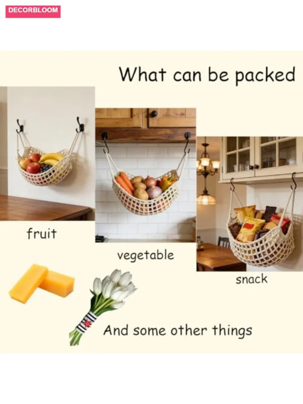 Premium Cotton Hanging Storage Net with Thickened Ropes for Fruit Veggie Kitchen